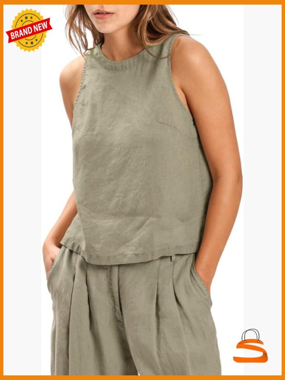 100% Linen Tank Top Sleeveless Back Button Relaxed Fit Plant-Dyed